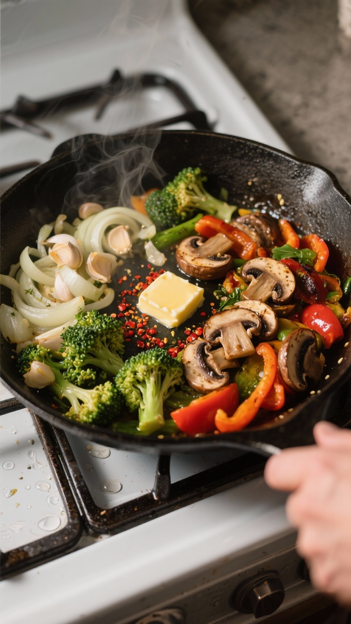 Cooking process: Overhead shot of the One-Pan Garlic Butter Veggie Skillet mid-cook, showing the sta