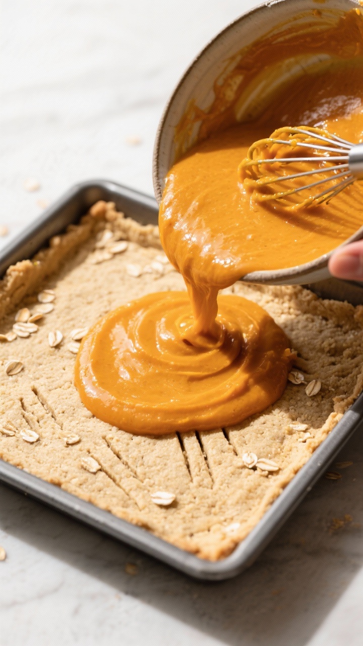 Cooking process: Overhead shot of the par-baked crust stage in an 8x8 pan—firm, lightly golden alm