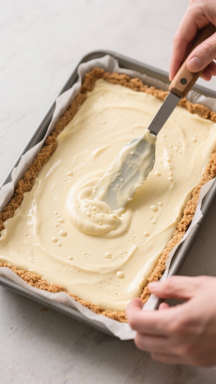 Cooking process: Overhead shot of the par-baked graham cracker crust pressed evenly in a 9x13 pan, t