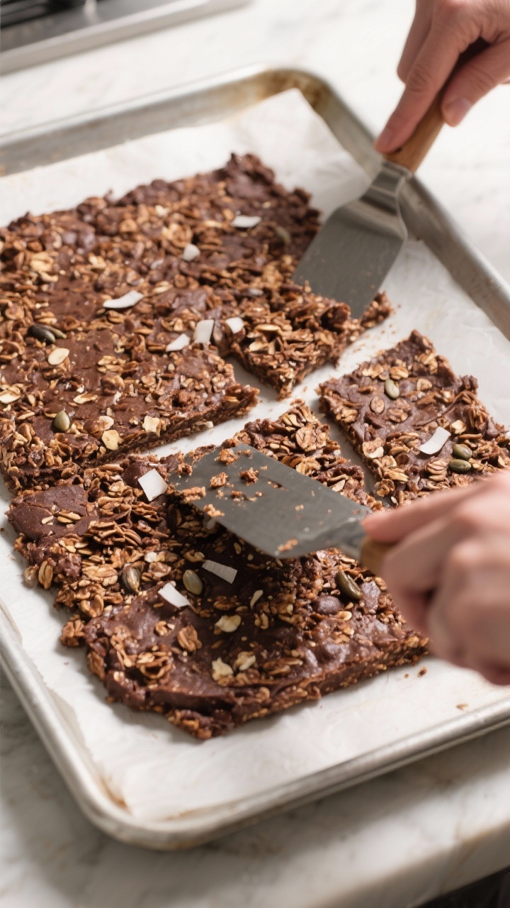 Cooking process: Overhead shot of the pressed granola slab on a parchment-lined sheet pan mid-bake, 