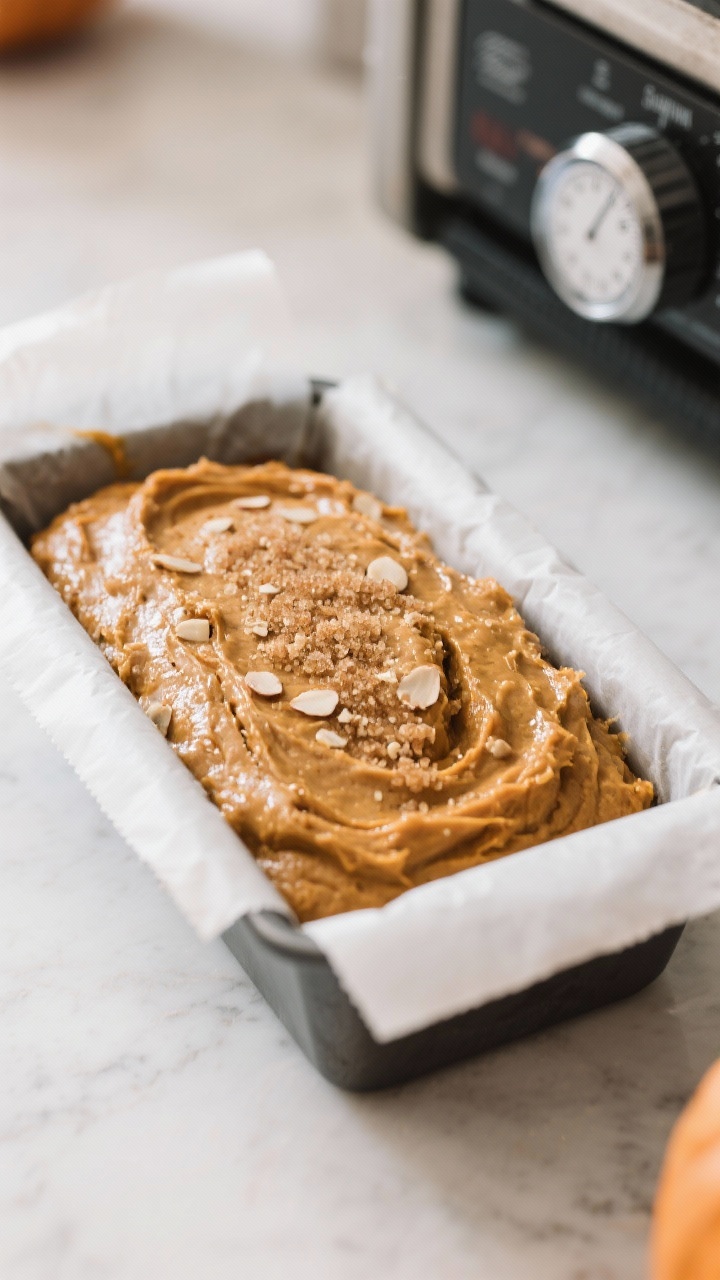 Cooking process: Overhead shot of the rested pumpkin bread batter being smoothed into a parchment-li