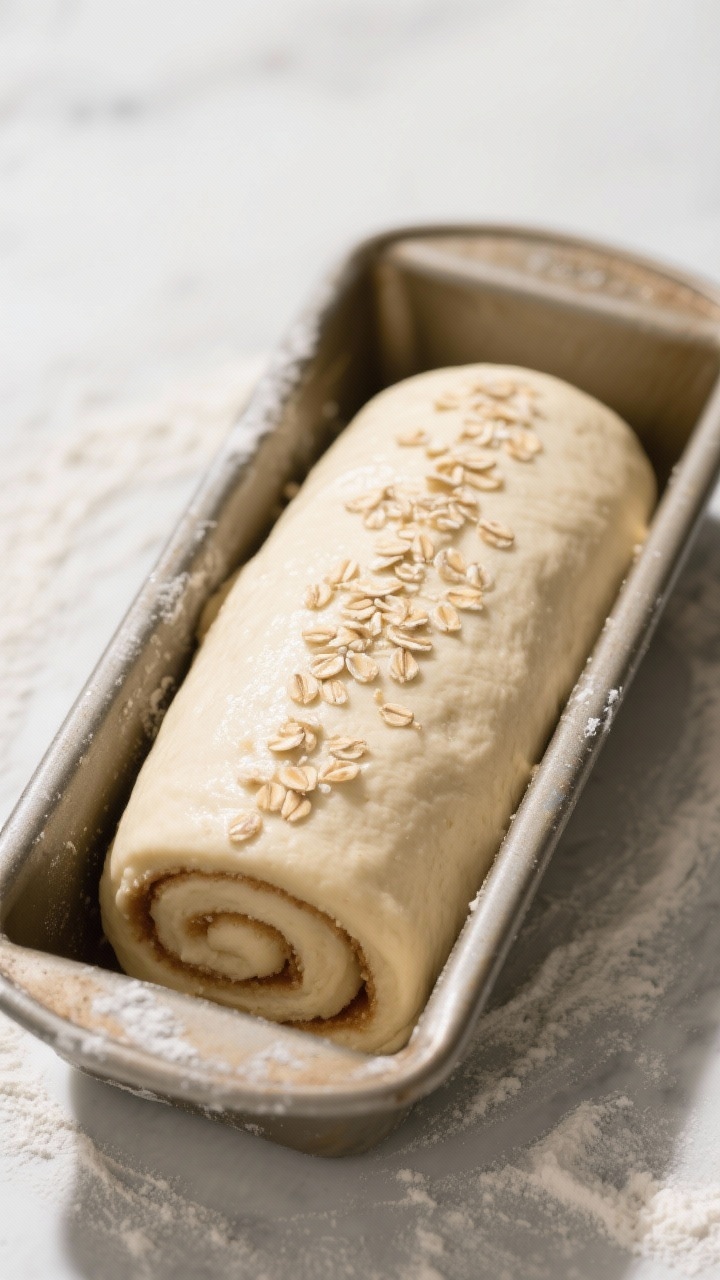 Cooking process: Overhead shot of the shaped loaf rolled jelly-roll style and nestled seam-side down