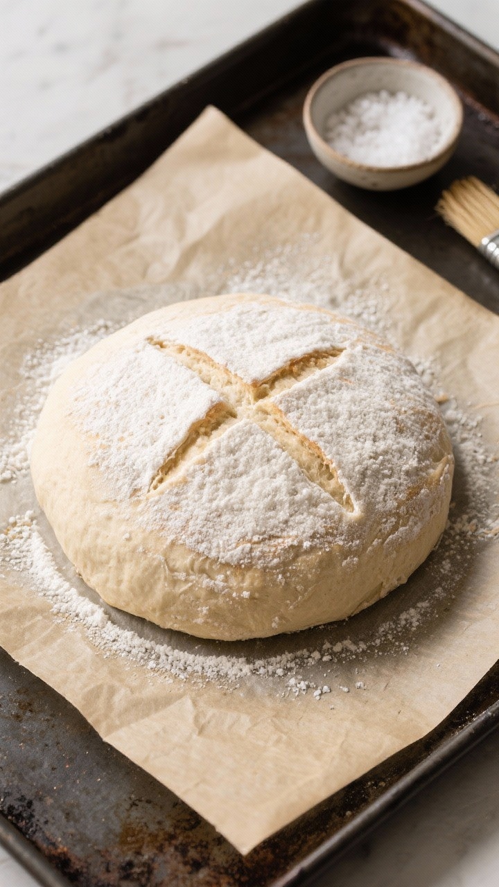 Cooking process: Overhead shot of the shaped round loaf on parchment right before baking, 6–7 inch