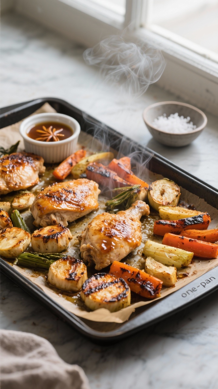 Cooking process: Overhead shot of the sheet pan just after broiling—chicken and veggies arranged i