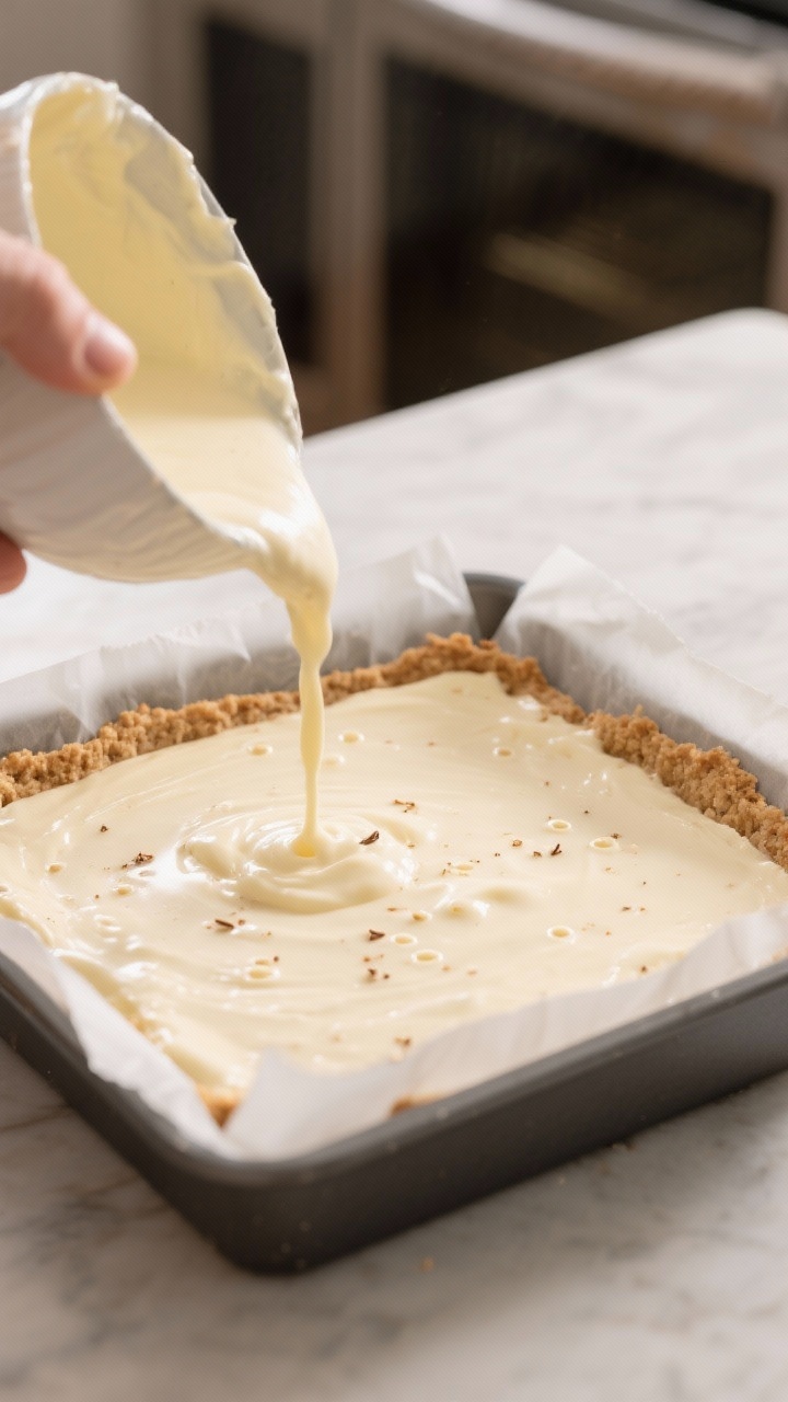 Cooking process: Overhead shot of the silky eggnog cheesecake filling being poured onto the par-bake