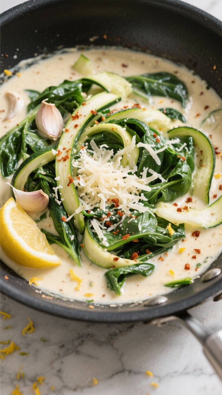 Cooking process: Overhead shot of the skillet right after building the sauce—fond scraped up, crea