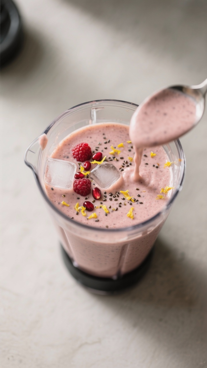 Cooking process: Overhead shot of the smoothie just after blending and resting 2 minutes in the blen