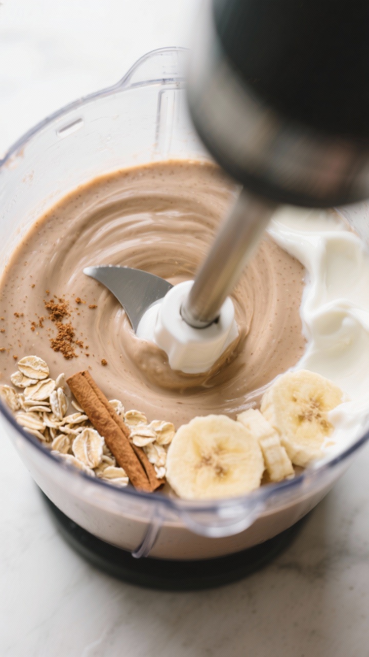 Cooking process: Overhead shot of the smoothie mid-blend in a clear blender jar, showing the vortex 