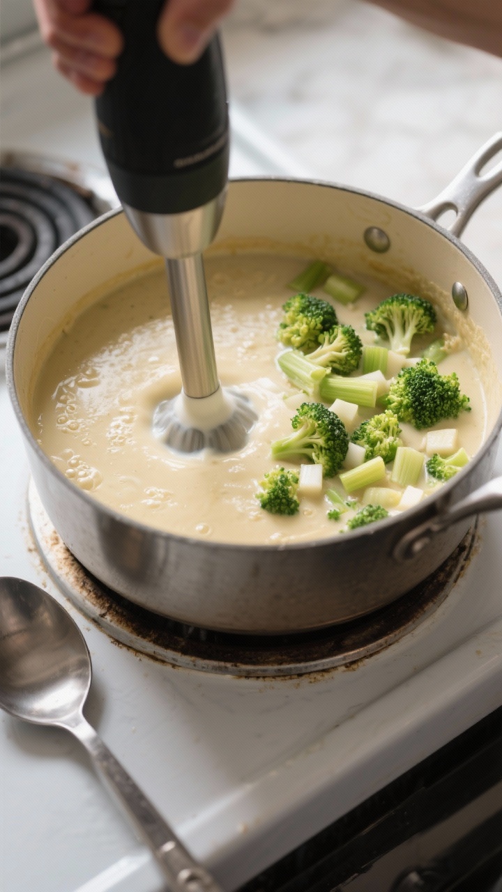 Cooking process: Overhead shot of the soup mid-blend with an immersion blender—half the pot creamy