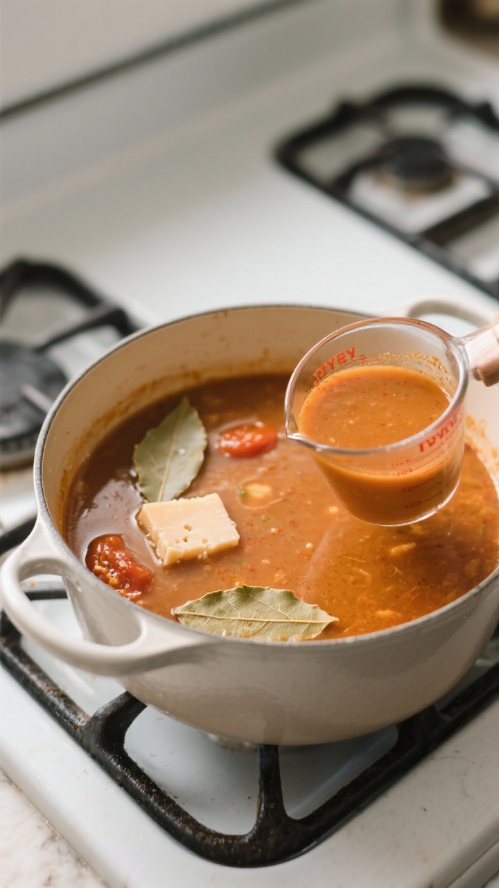 Cooking process: Overhead shot of the soup mid-simmer in a wide pot, with a visible Parmesan rind tu