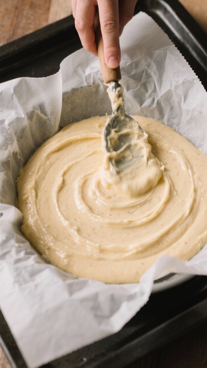 Cooking process: Overhead shot of the thick batter being smoothed into a parchment-lined