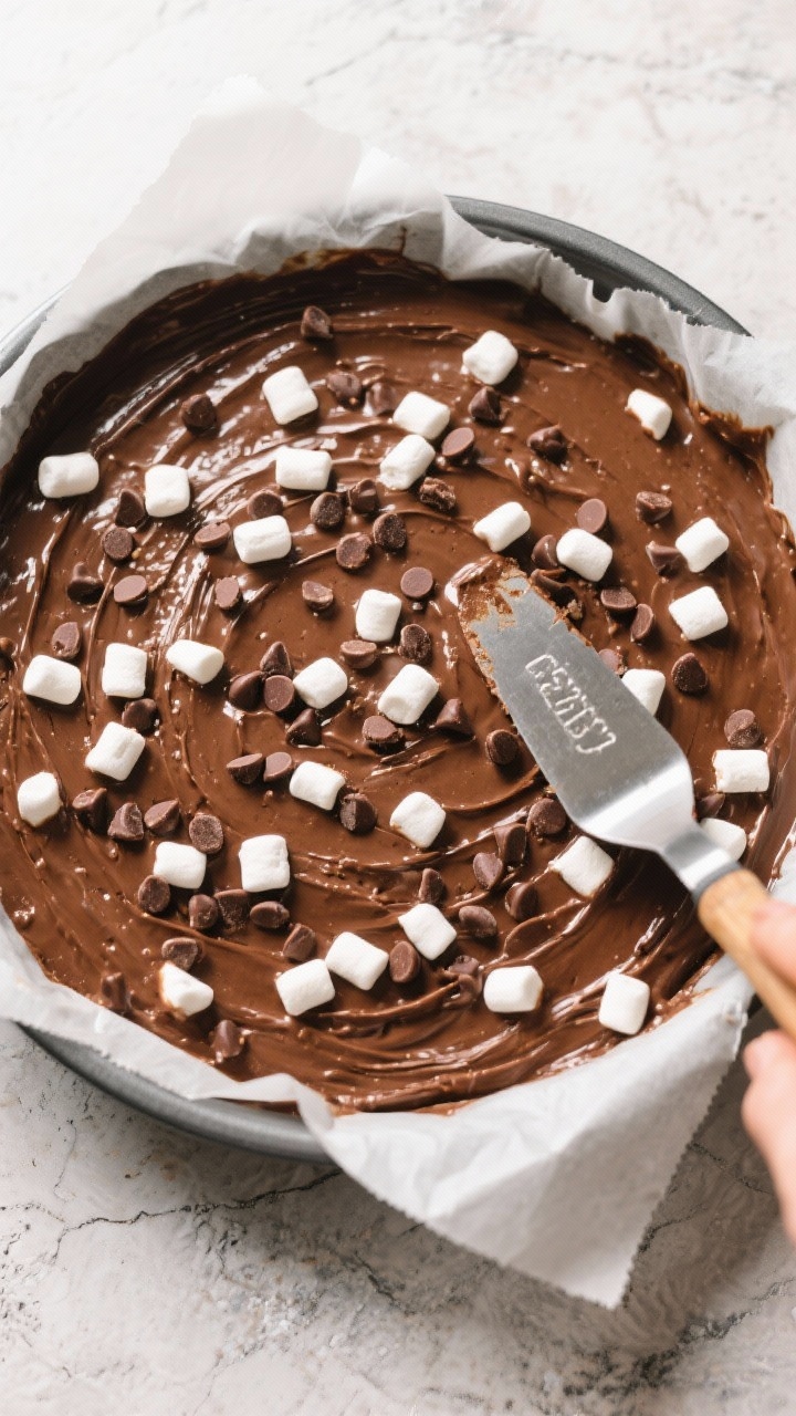 Cooking process: Overhead shot of the thick brownie batter spread in an 8-inch parchment-lined pan, 