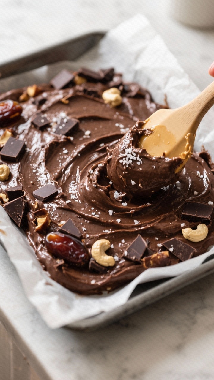 Cooking process: Overhead shot of the thick, scoopable batter being smoothed evenly into the parchme