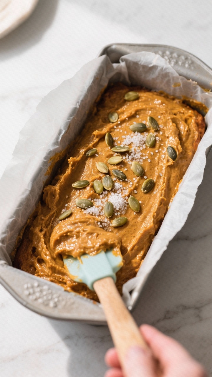Cooking process: overhead shot of the thick, scoopable pumpkin bread batter being smoothed into a pa