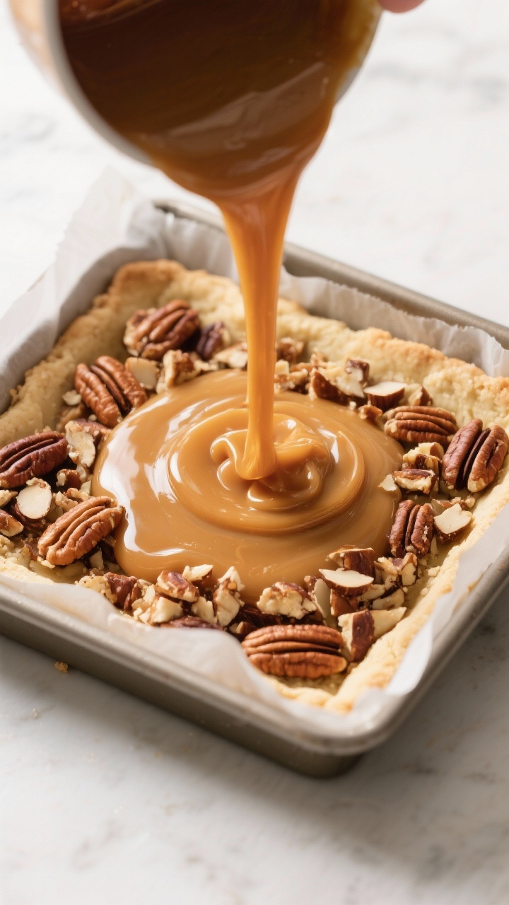 Cooking process: Overhead shot of the warm pecan “caramel” filling being poured onto the par-bak