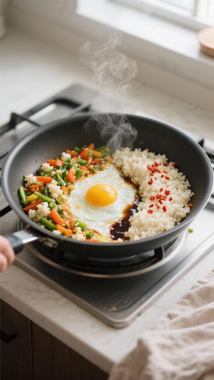 Cooking process: Overhead shot of the “well” technique in a large nonstick skillet—veggies and