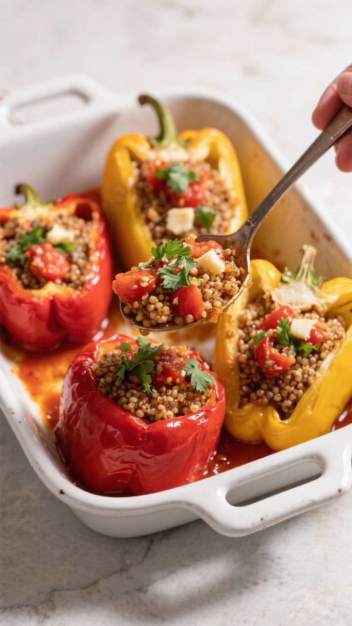 Cooking process: Par-baked bell peppers being stuffed to the brim with the hot quinoa mixture—vibr