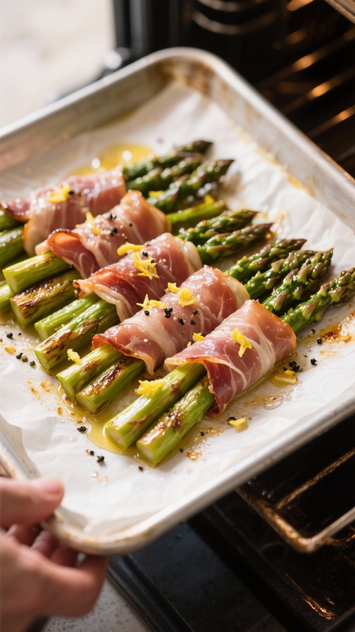 Cooking process: Prosciutto-Wrapped Asparagus on a parchment-lined sheet pan mid-roast, spears tende