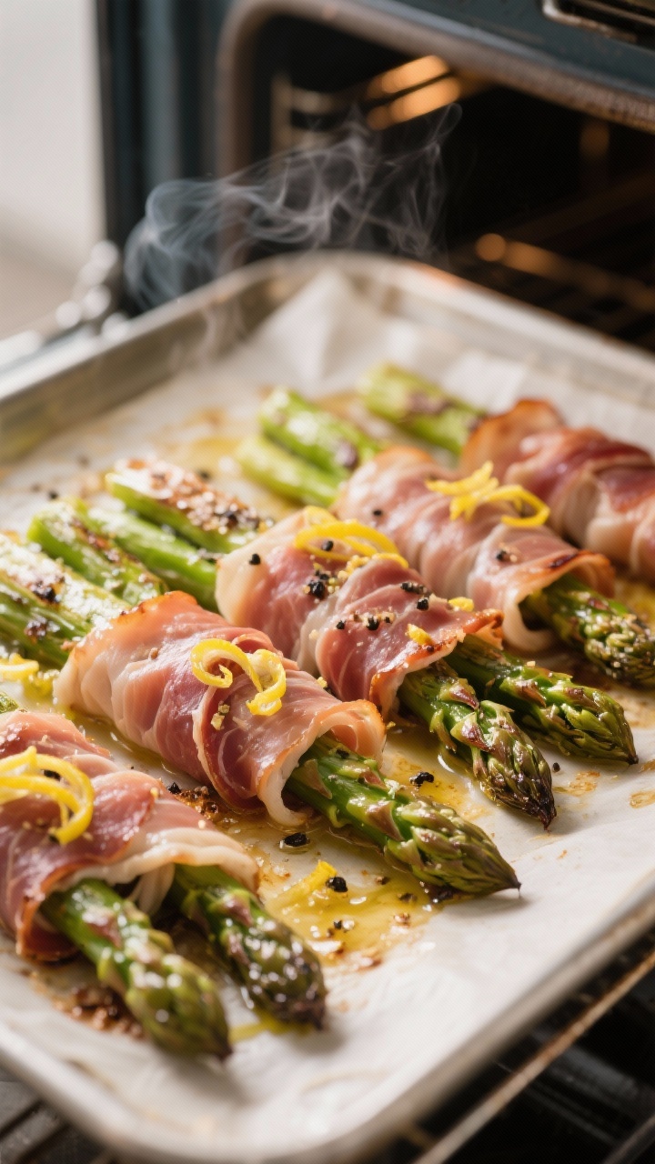 Cooking process: Prosciutto-wrapped asparagus roasting on a parchment-lined tray, ribbons of prosciu