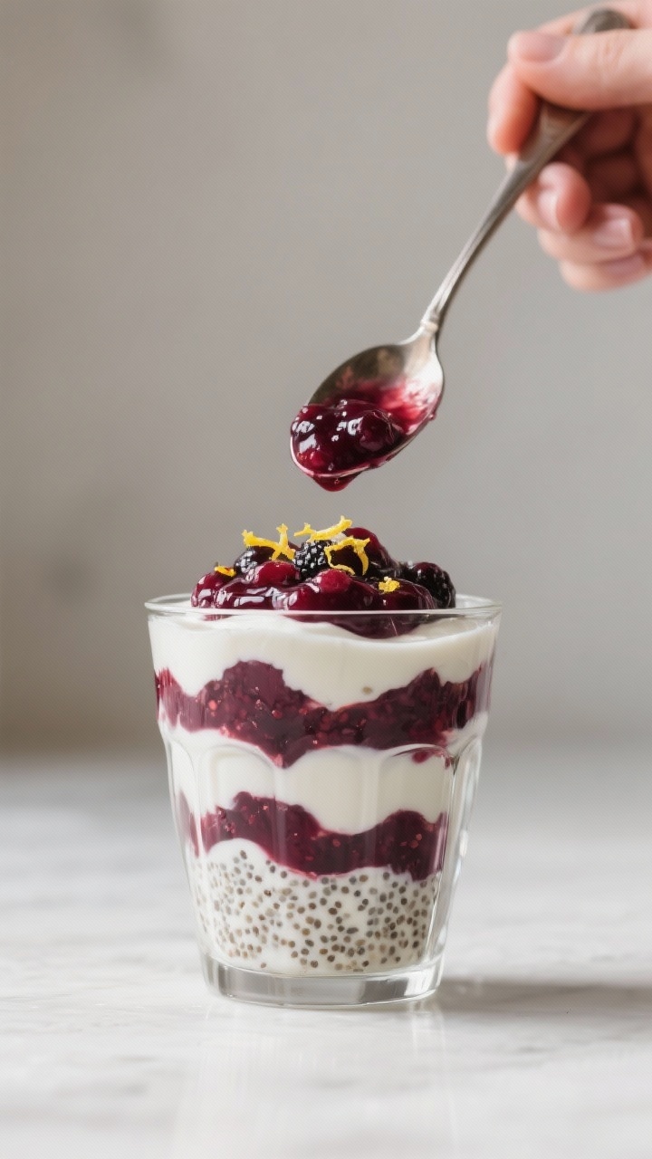 Cooking process: Quick berry chia jam parfait being assembled—layer of glossy, jewel-toned berry c