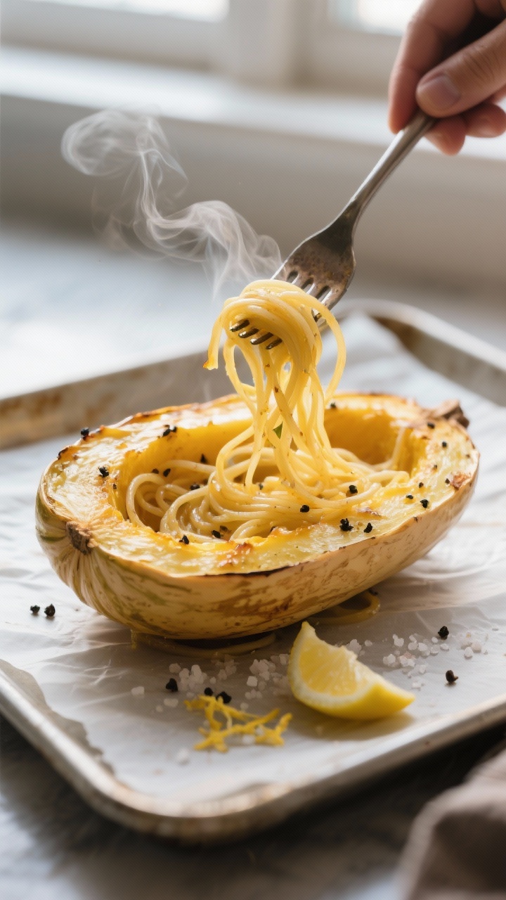 Cooking process: Roasted spaghetti squash just out of the oven, cut-side up on a parchment-lined she