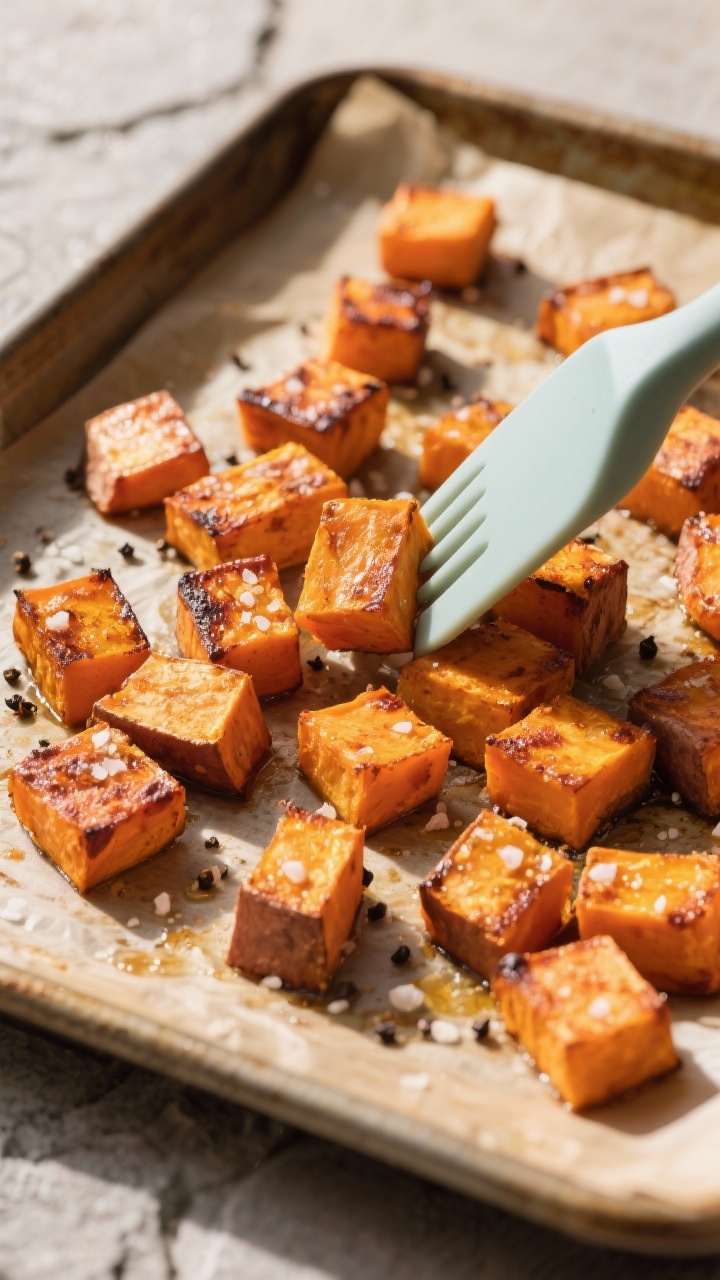 Cooking process: Roasted sweet potato cubes just out of the oven on a parchment-lined sheet pan—ed
