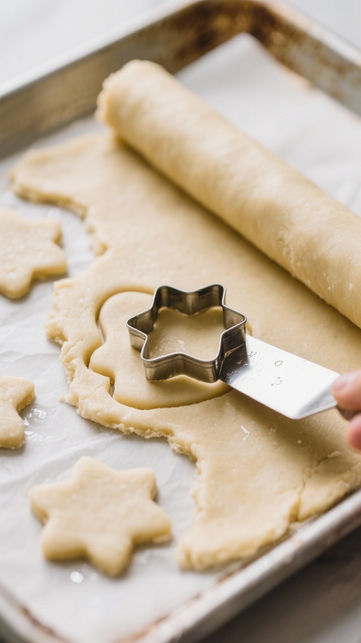 Cooking process: Rolled dough sheet on parchment being cut into shapes with a metal cookie cutter, d
