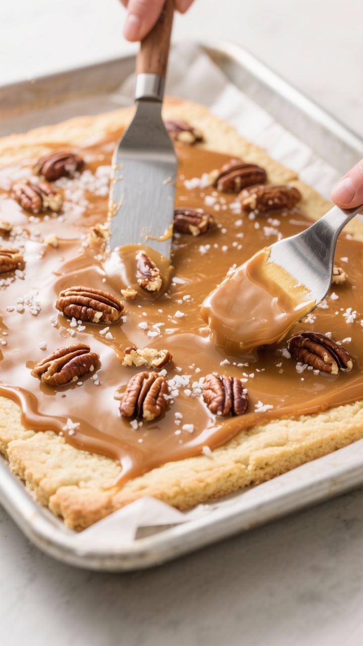 Cooking process: Salted Caramel Pecan Shortbread just out of the oven in a parchment-lined pan, warm