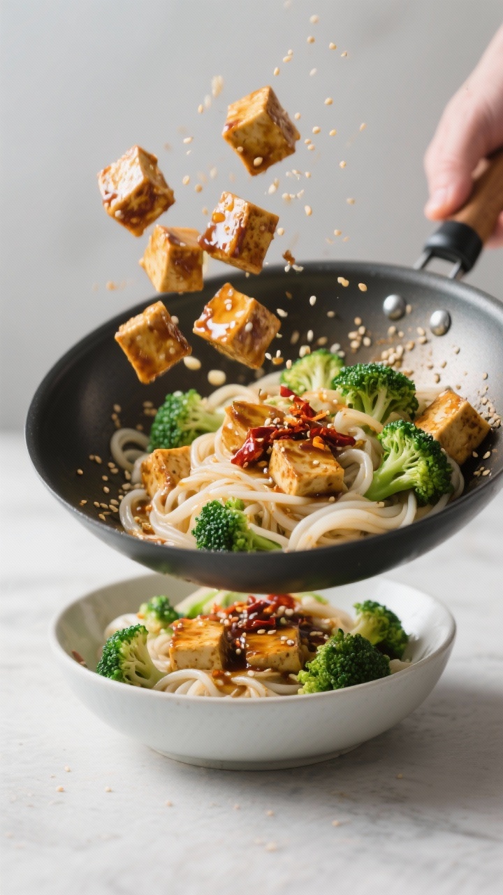 Cooking process: Saucy sesame tofu noodle bowls being tossed in a wok—golden-seared tofu cubes lac