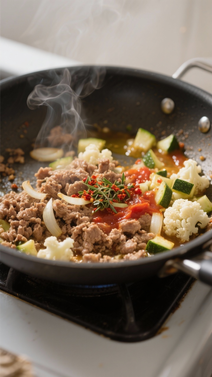 Cooking process — sauté and brown: Close-up of a skillet mid-cook with browned lean ground turkey