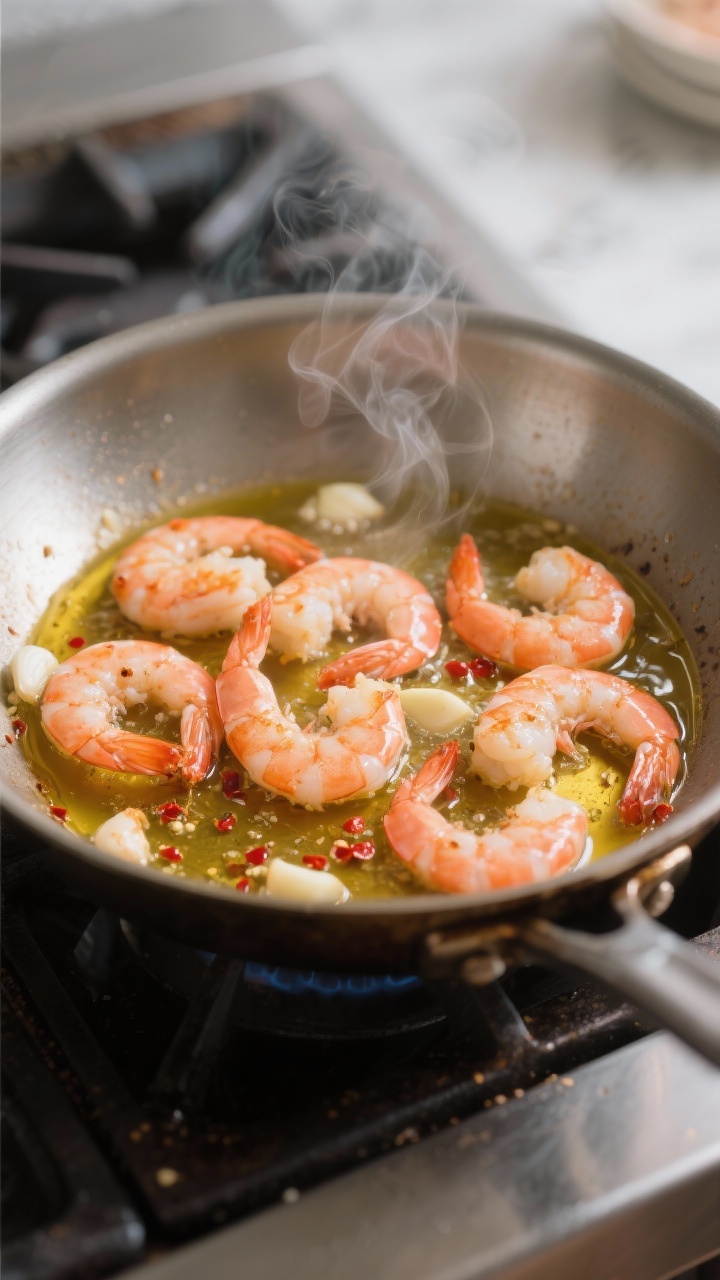Cooking process: Searing shrimp scampi in a large skillet, shrimp just turning pink and forming gent