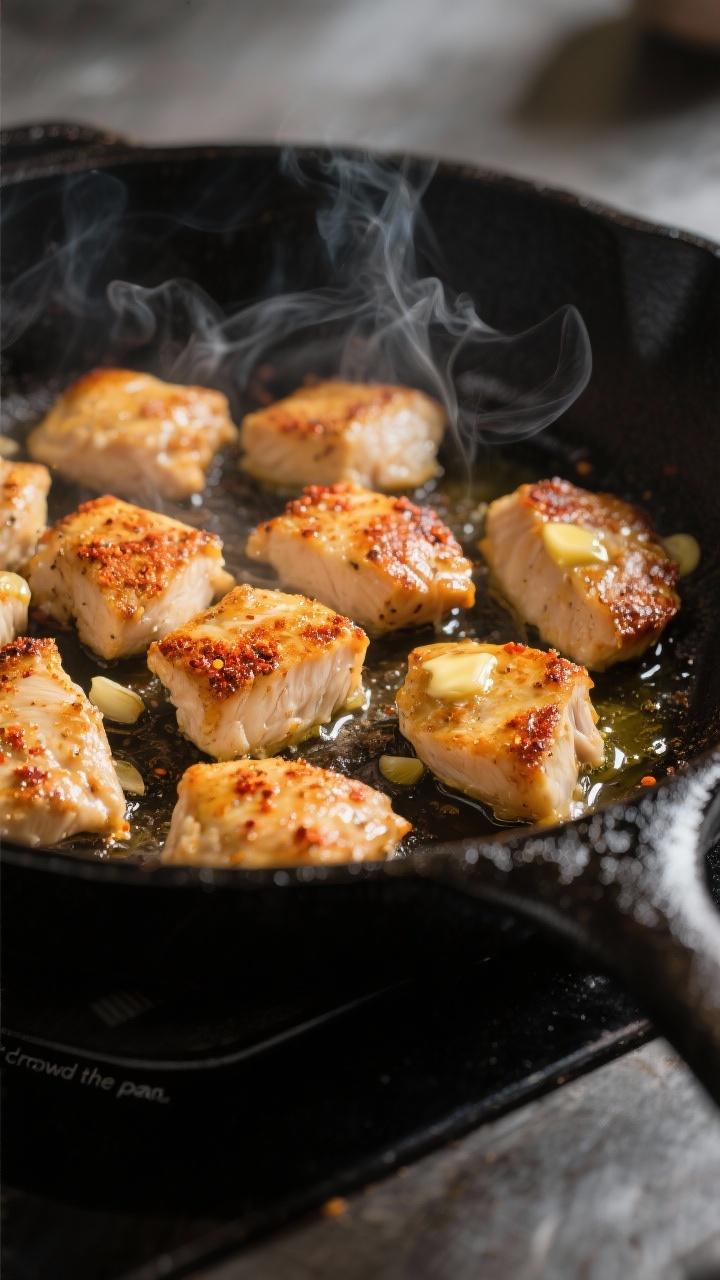 Cooking process — Searing stage: Golden-brown chicken breast bites with crispy edges sizzling in a