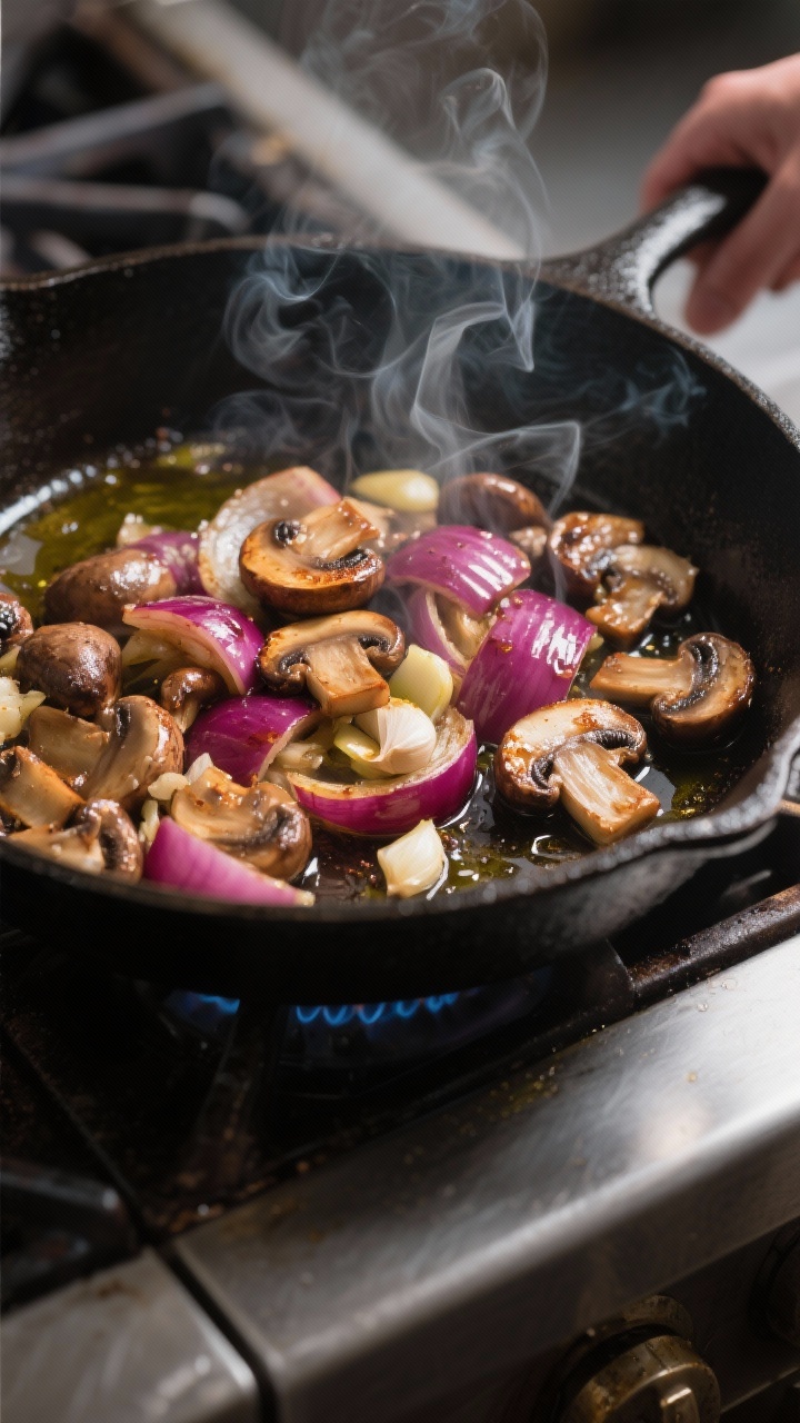 Cooking process: Searing stage in a large cast-iron skillet over medium-high heat, showing carameliz