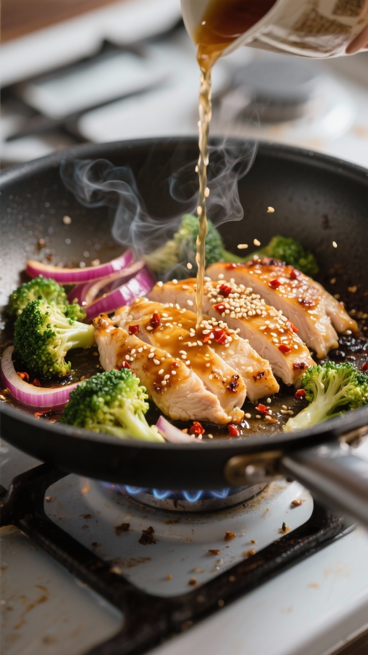 Cooking process: Searing thin-sliced chicken in a large stainless skillet over medium-high heat, gol