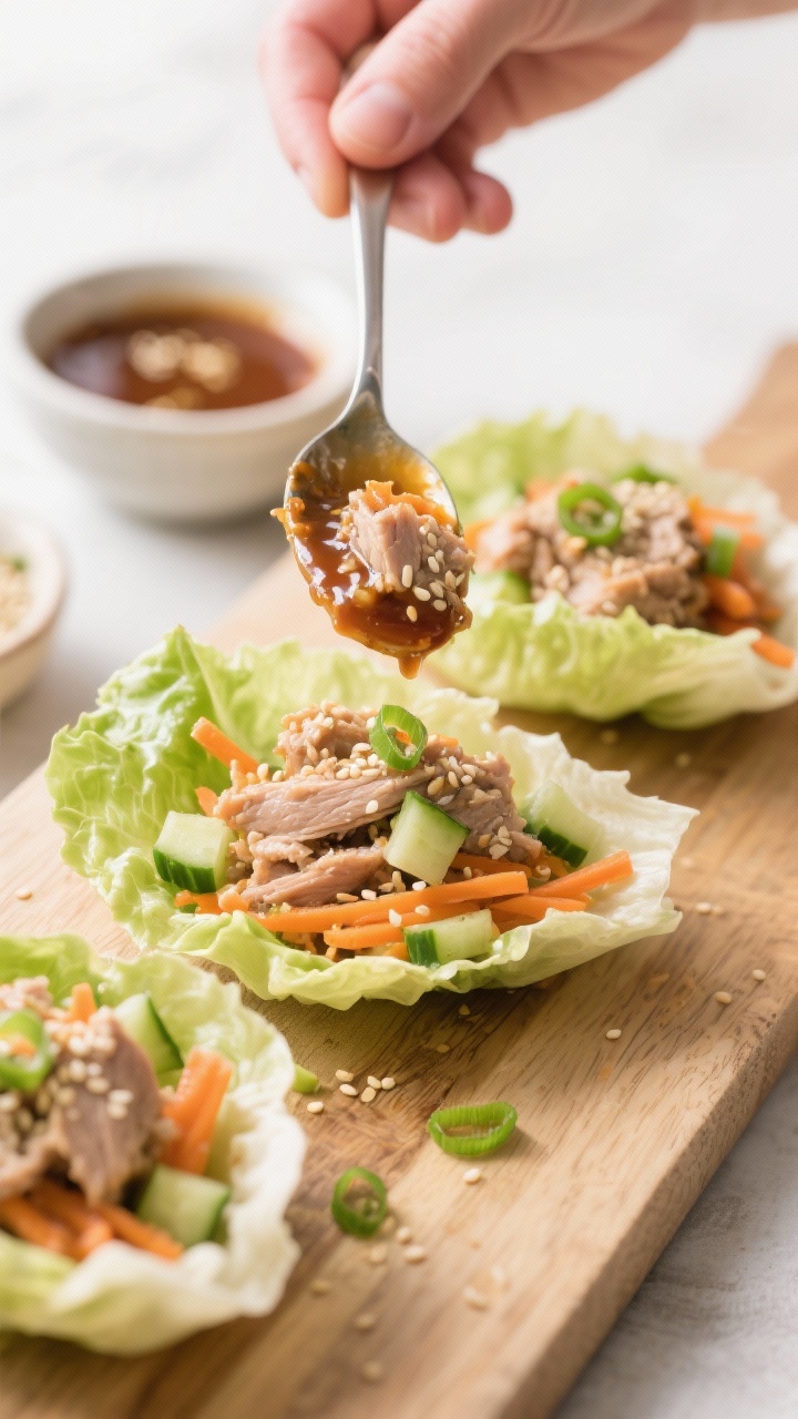 Cooking process: Sesame-ginger turkey filling being spooned into crisp butter lettuce cups on a boar