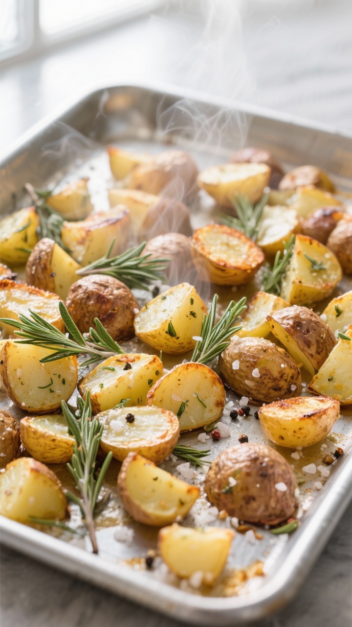 Cooking process: Sheet-pan herbed potatoes at the midpoint of roasting, overhead shot of golden, cri