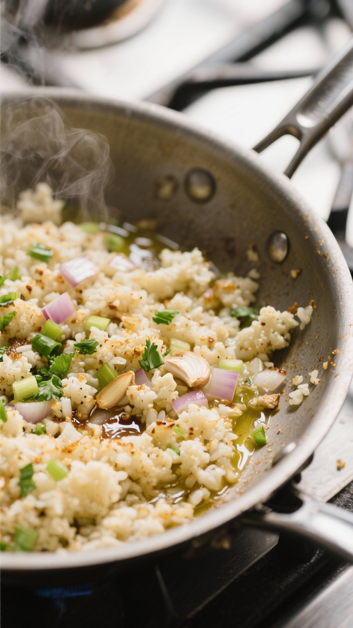 Cooking process shot: Cauliflower rice toasting in a wide stainless skillet, lightly golden edges wi
