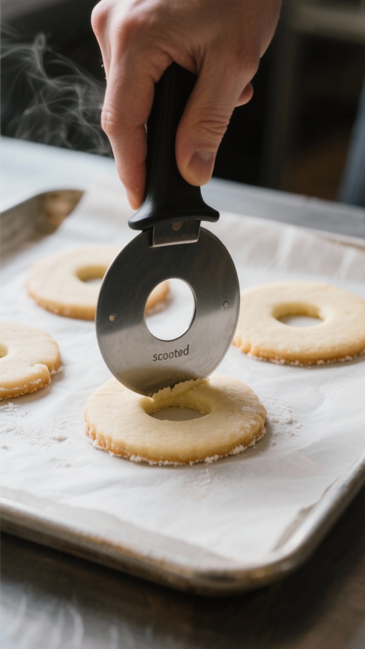 Cooking process shot: chilled cut-out sugar cookies being “scooted” into perfect circles with a 