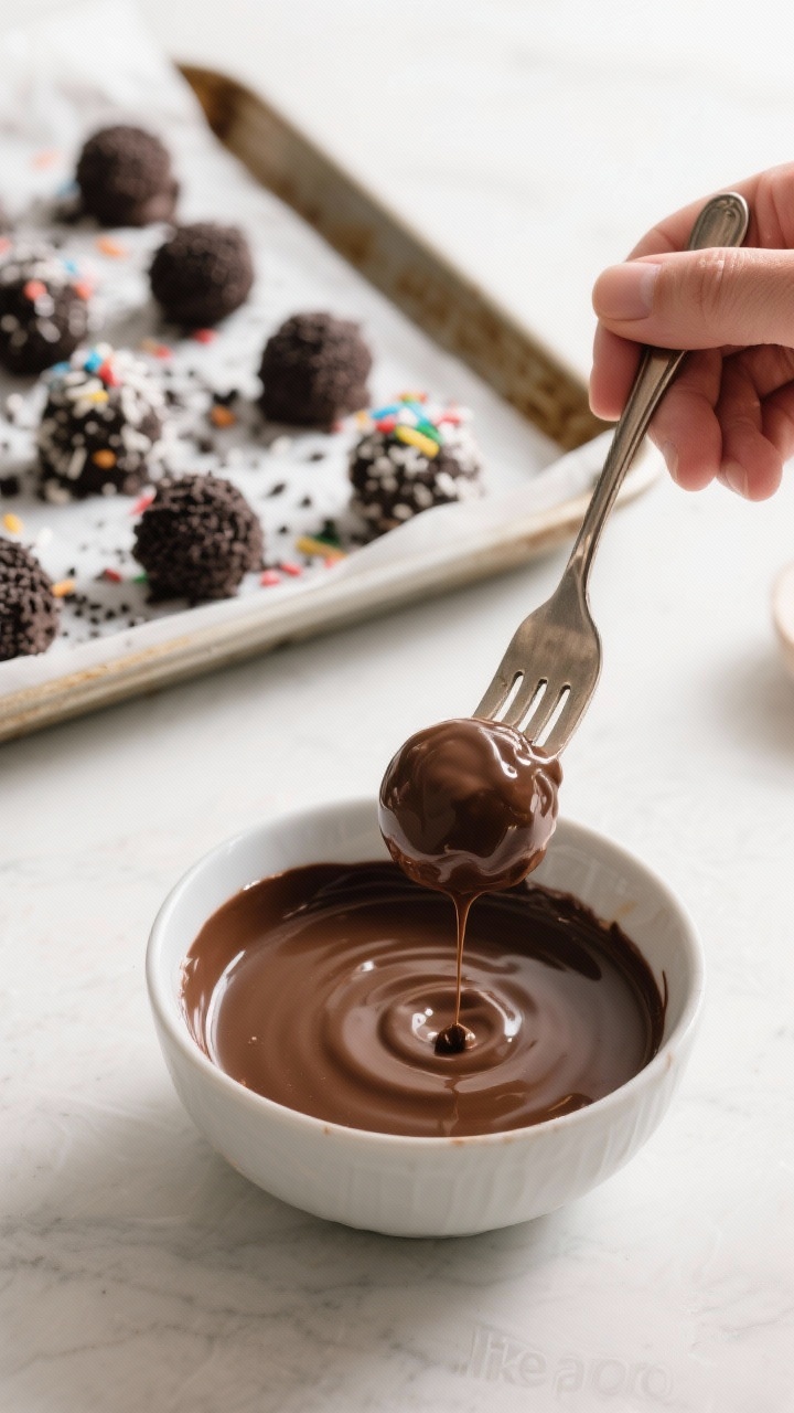 Cooking process shot: chilled truffles being dipped “like a pro” using a fork over a bowl of mel