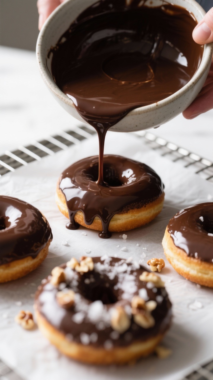 Cooking process shot: cooled donuts being dipped face-down into a glossy chocolate glaze (dark choco