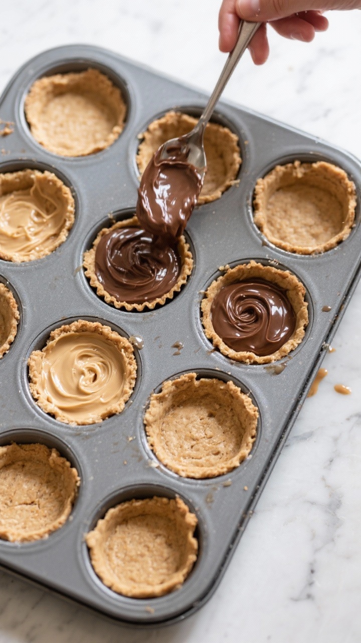 Cooking process shot: Overhead view of a lined 12-cup muffin tin during assembly—crusts already pr