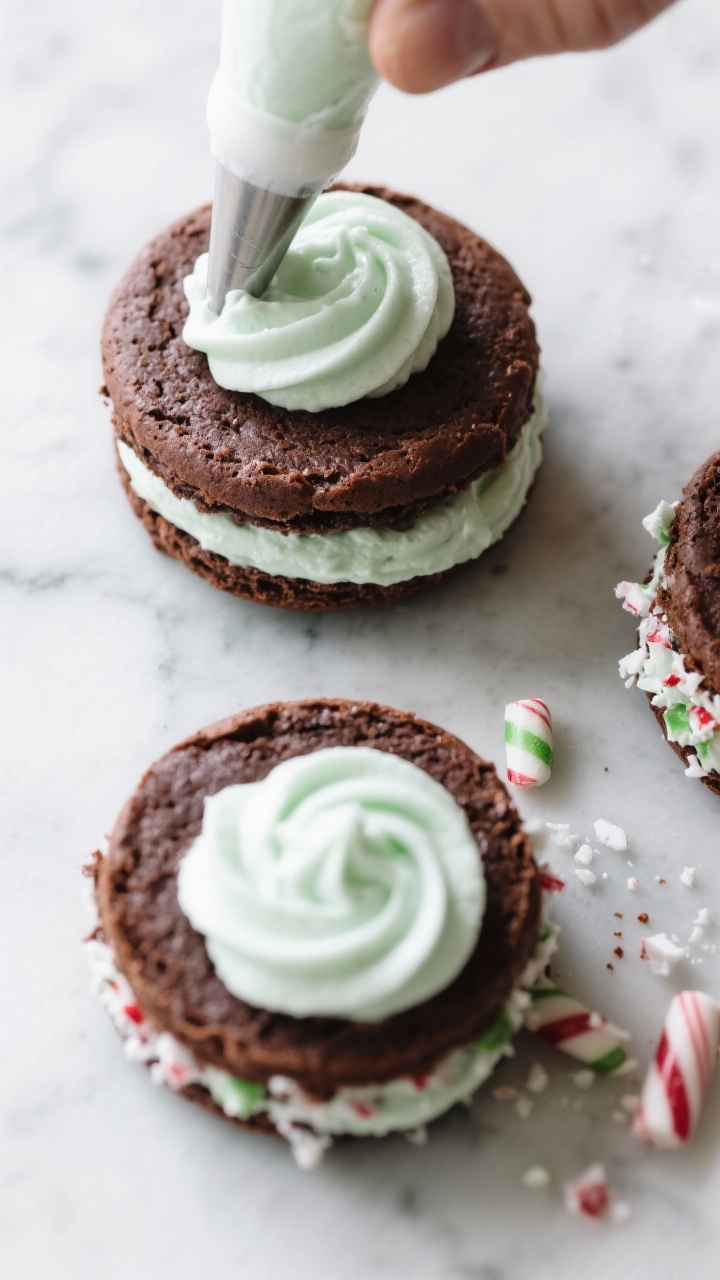Cooking process shot: overhead view of pairs of cooled chocolate cake halves being sandwiched with a