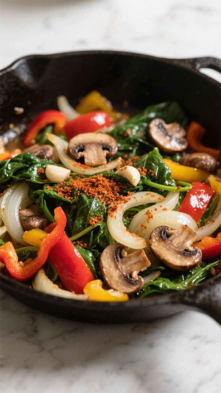 Cooking process shot: sautéed vegetable mixture finishing in a skillet—onions translucent, mushro