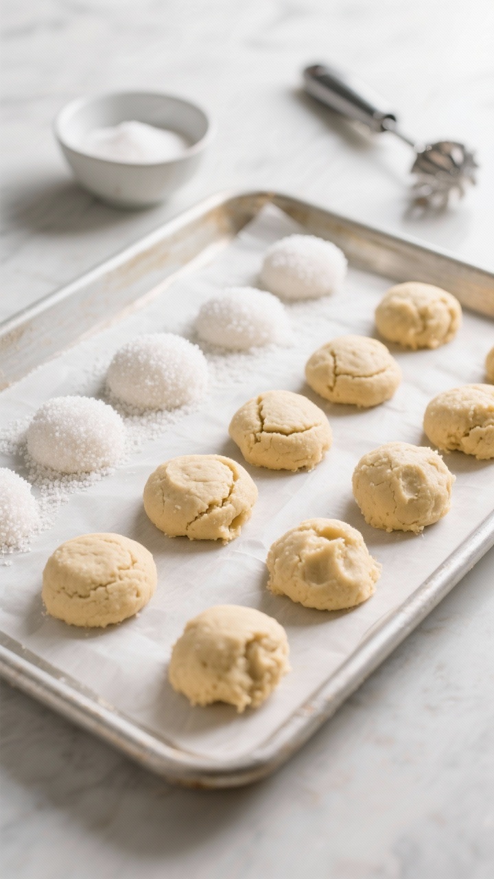 Cooking process shot: Scooped dough balls flattened to about 1/2 inch on a parchment-lined baking sh