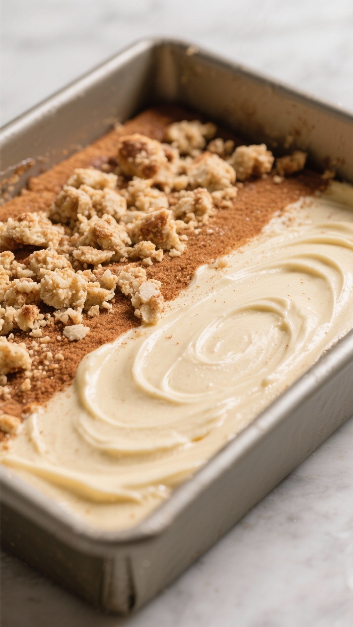 Cooking process shot: the layered batter in the lined square pan right before baking—half the batt