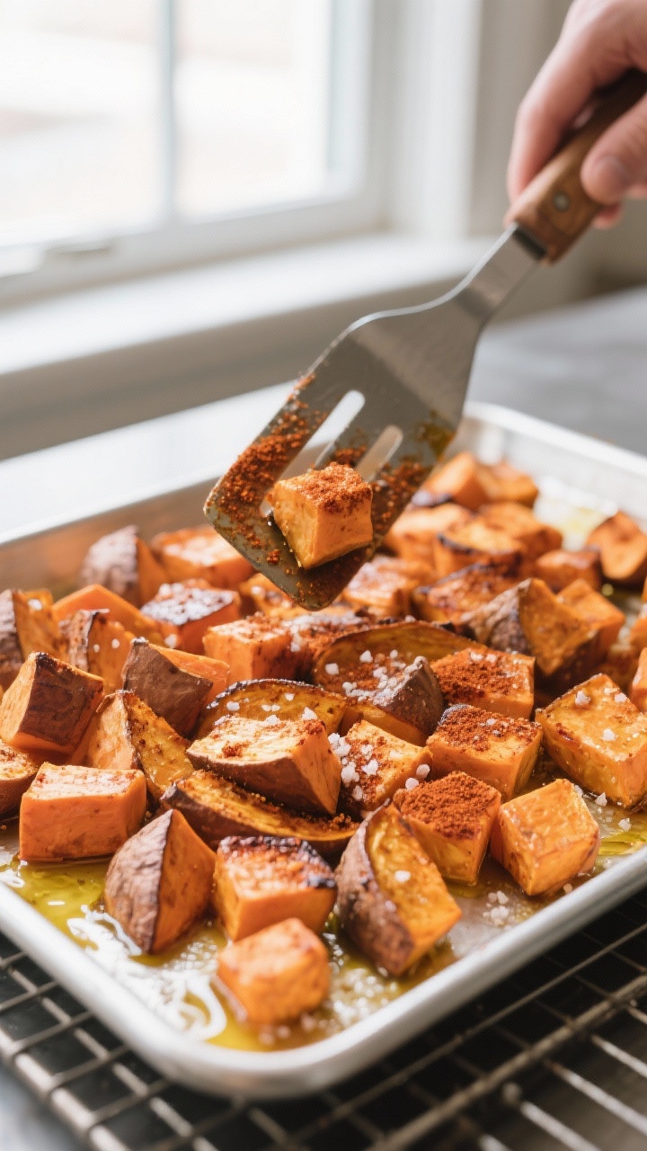 Cooking process shot: tray of roasted sweet potato cubes just out of the oven at 425°F—edges cara