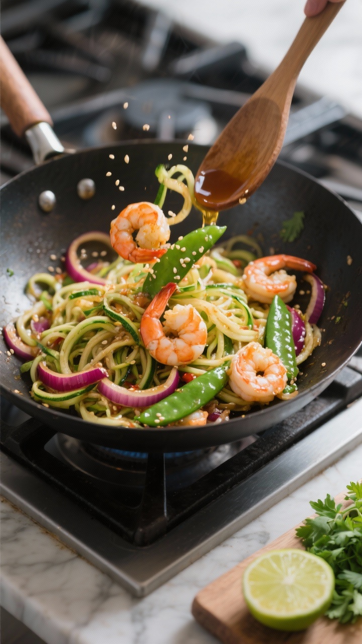 Cooking process: Shrimp zoodle stir fry mid-toss in a carbon steel wok, shrimp just turned opaque an