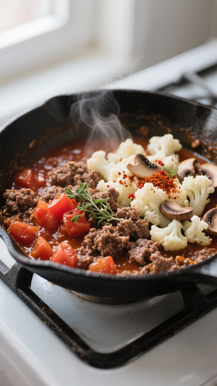 Cooking process: Skillet close-up of browned lean ground beef simmering with tomato paste and draine