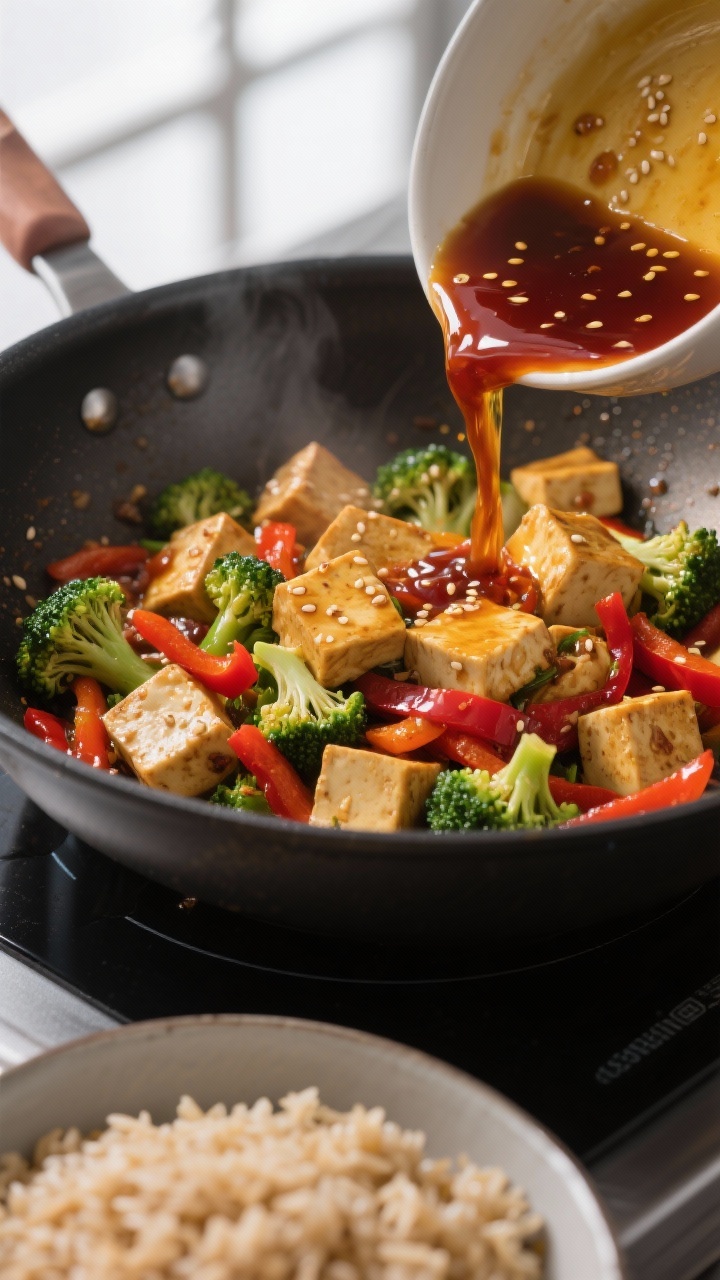Cooking process: Speedy Tofu Stir-Fry in action—golden-edged tofu cubes searing in a sheen of toas
