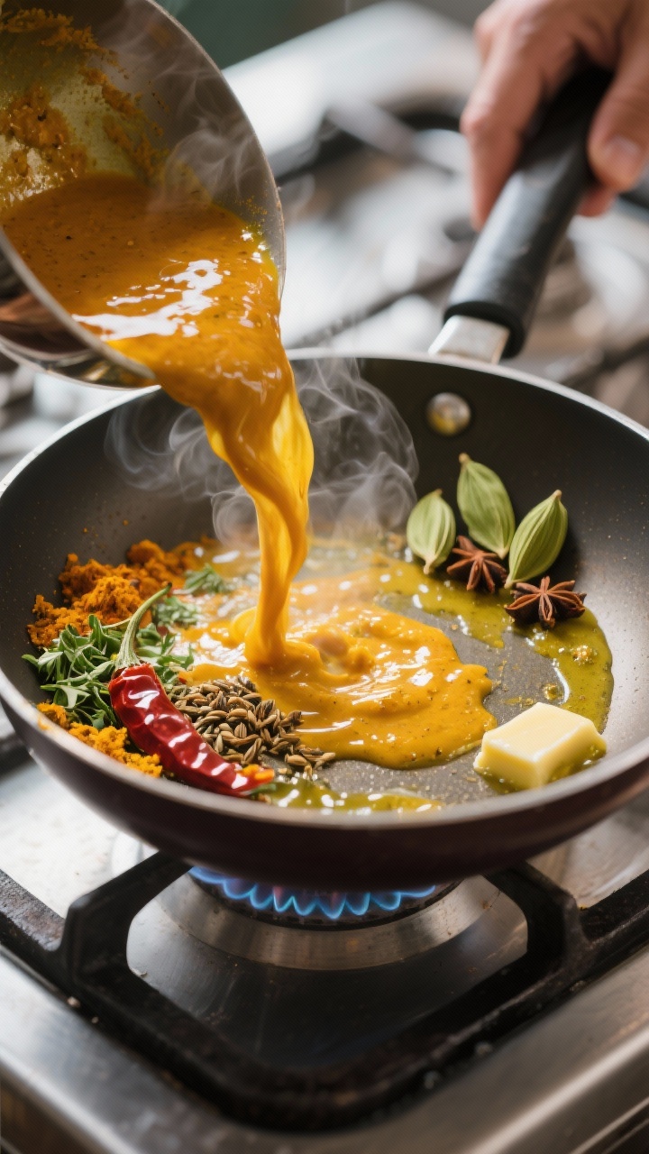 Cooking process: Spice bloom in action—vibrant turmeric, Kashmiri chili, coriander, and cumin gent